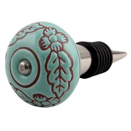 Sea Green Brown Leaf Flower Etched Ceramic Wine Stopper